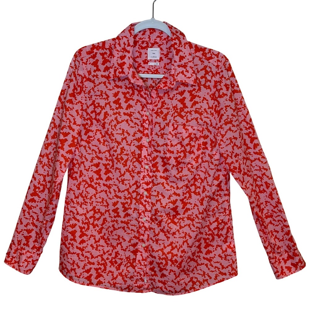 Gap Cotton Button Down Shirt Pink‎ Red Medium Fitted Boyfriend Print Long Sleeve